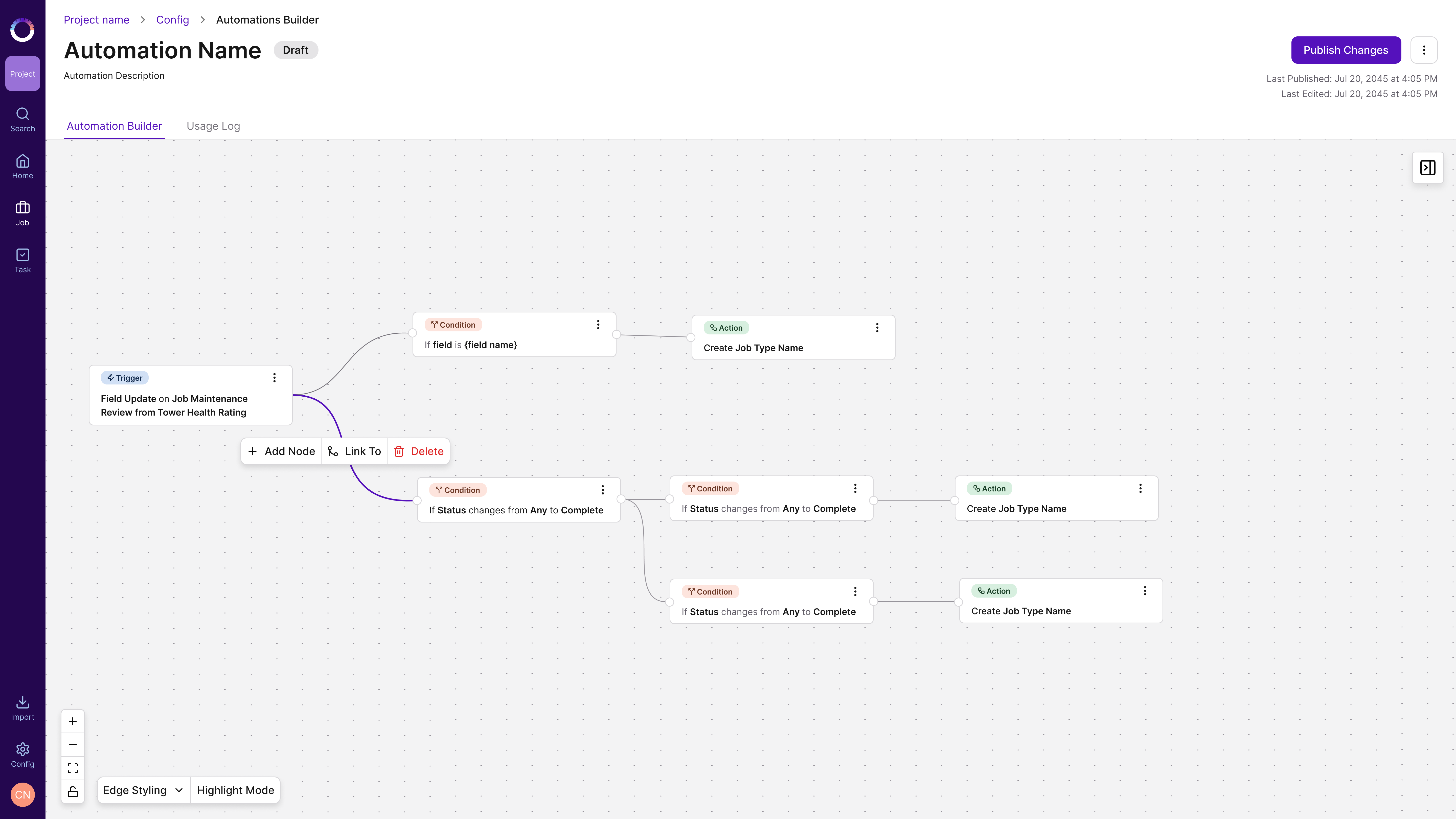 Connection actions: Add Node, Link To, Delete