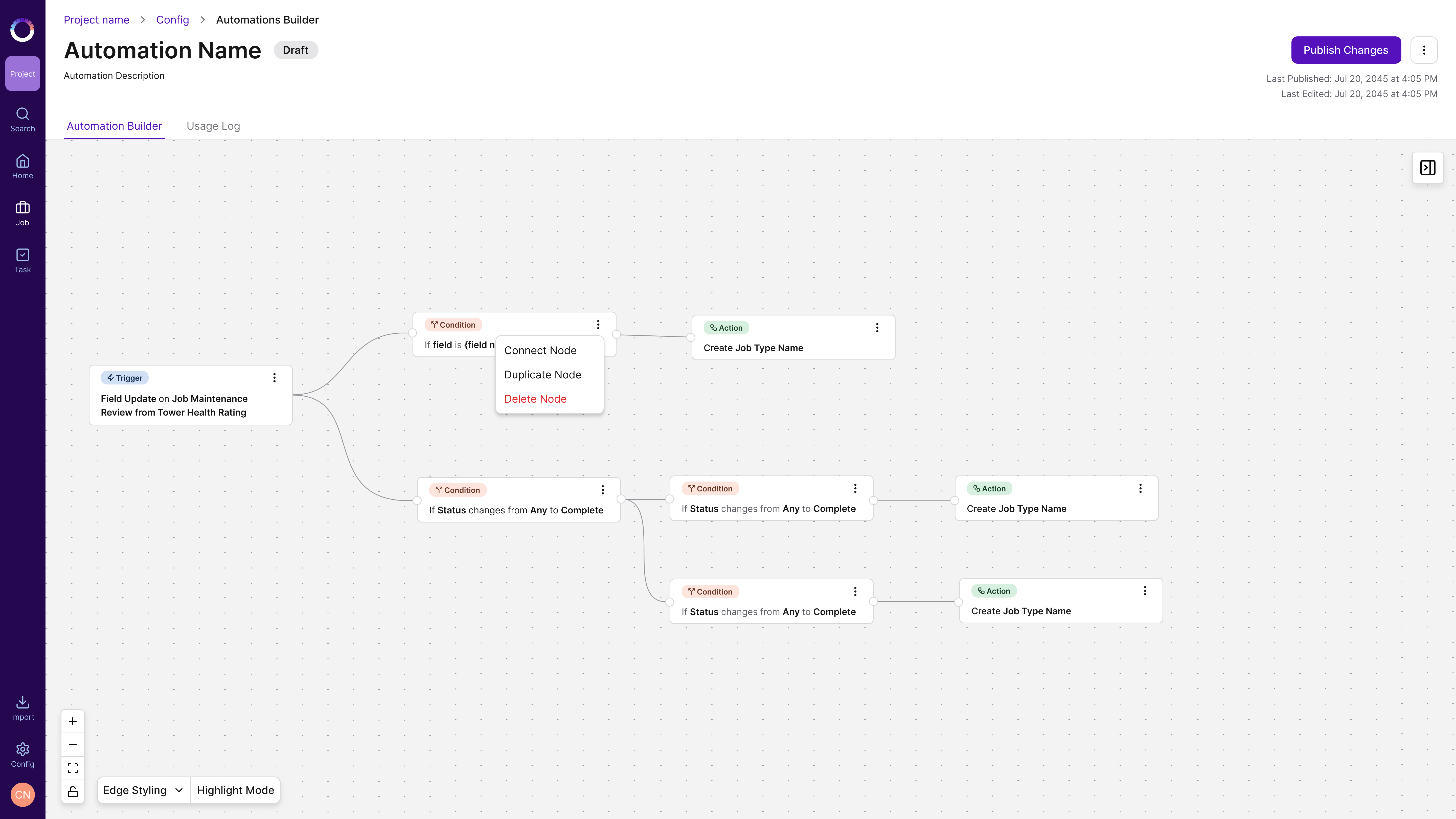 Node menu with Connect Node, Duplicate Node and Delete Node